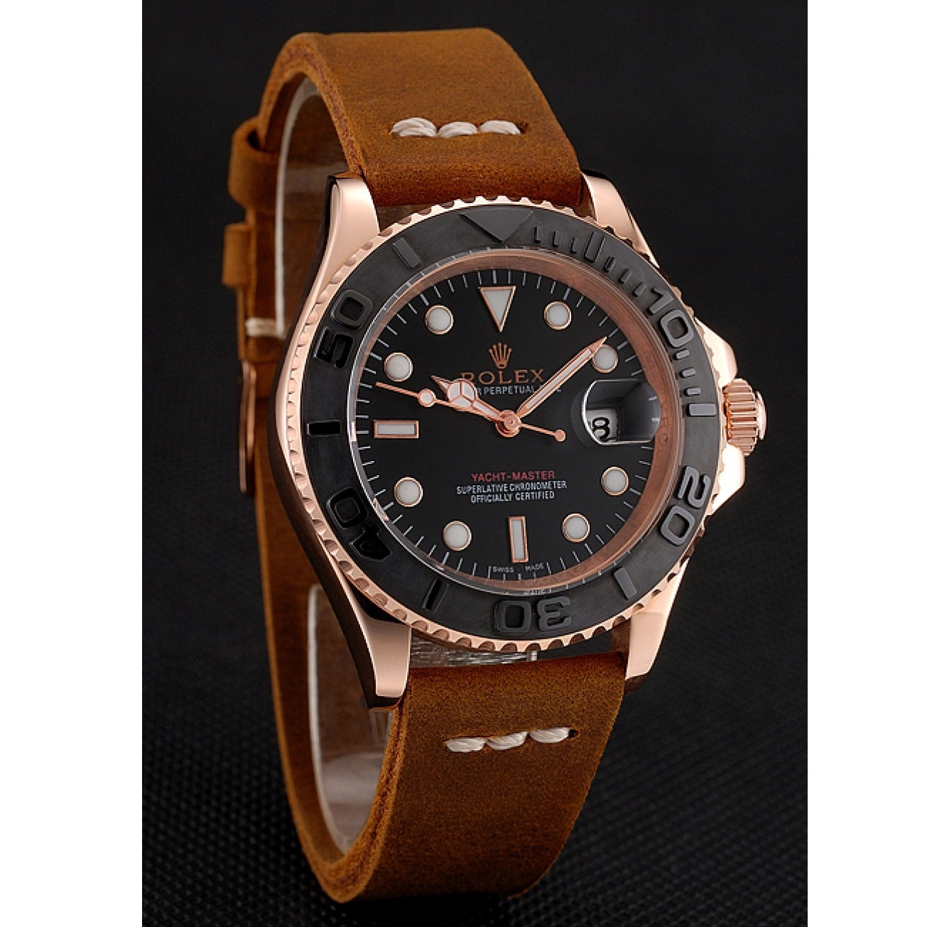 AAA replica watch Case Leather Gold Master Dial Yacht Brown Black Bracelet 1453861 Rolex Rose 0626